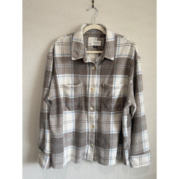 American Eagle Outfitters Tops - American Eagle Sherpa Plaid Flannel‎ Oversized Shirt Jacket L Shacket Gorpcore